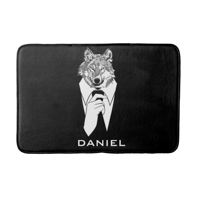 Funny Hipster Wolf with Black Tuxedo Personalised Bath Mat (Front)