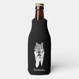 Funny Hipster Wolf with Black Tuxedo Personalised Bottle Cooler