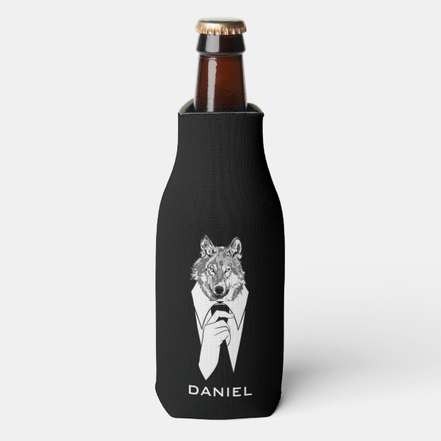 Funny Hipster Wolf with Black Tuxedo Personalised Bottle Cooler (Bottle Front)