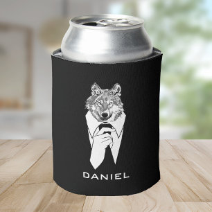 Funny Hipster Wolf with Black Tuxedo Personalised Can Cooler