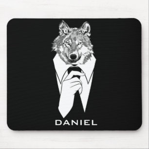 Funny Hipster Wolf with Black Tuxedo Personalised Mouse Mat
