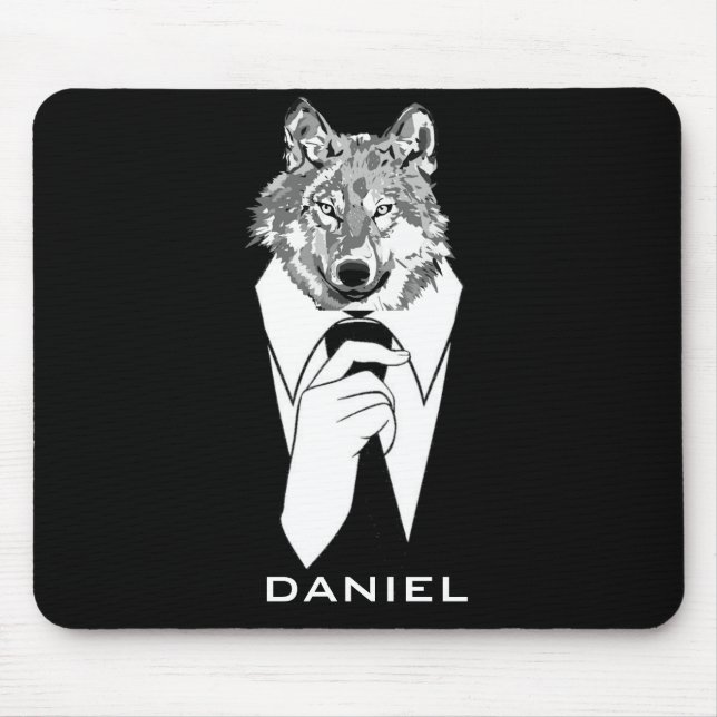 Funny Hipster Wolf with Black Tuxedo Personalised Mouse Mat (Front)