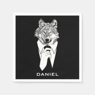 Funny Hipster Wolf with Black Tuxedo Personalised Napkin
