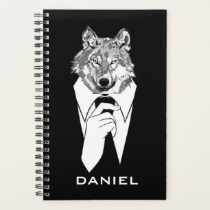Funny Hipster Wolf with Black Tuxedo Personalised Planner