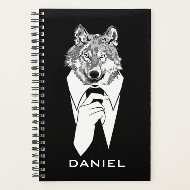 Funny Hipster Wolf with Black Tuxedo Personalised Planner (Front)