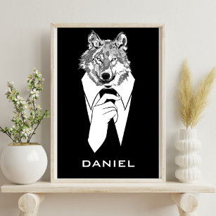 Funny Hipster Wolf with Black Tuxedo Personalized Poster