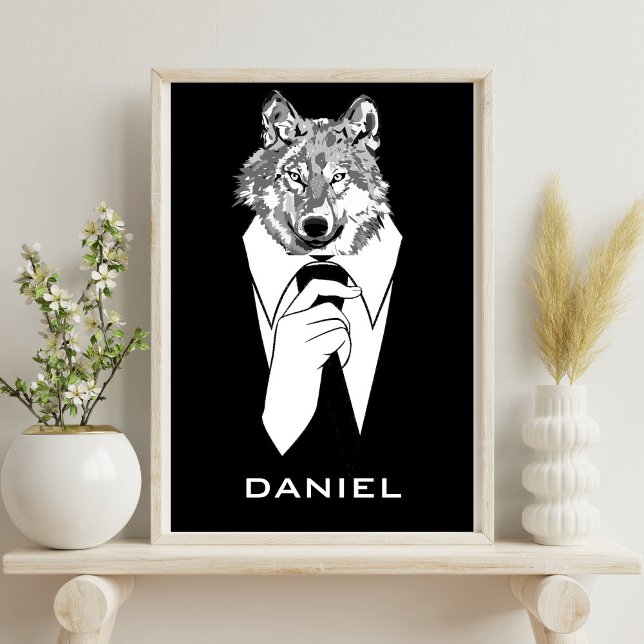 Funny Hipster Wolf with Black Tuxedo Personalized Poster (Creator Uploaded)