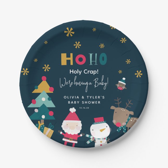 Funny 'Ho Ho Holy Crap' Christmas Baby Shower Paper Plate (Front)