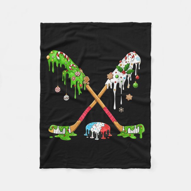 Funny Hockey Holiday Candy Cane Gingerbread  Fleece Blanket (Front)