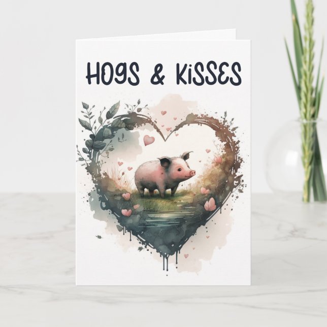 Funny Hogs and Kisses Pig Valentine's Day Holiday Card (Front)