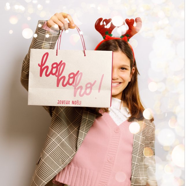 Funny Hohoho Joyeux Noel Red Pink Typography Large Gift Bag (Creator Uploaded)