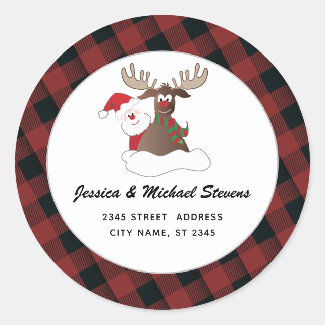 Funny holiday cartoon reindeer Santa plaid Label (Front)