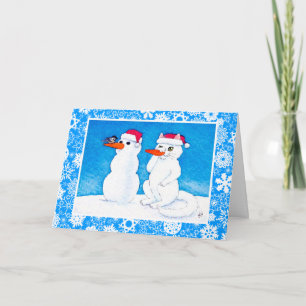 Funny holiday cat, bird,  snowman card