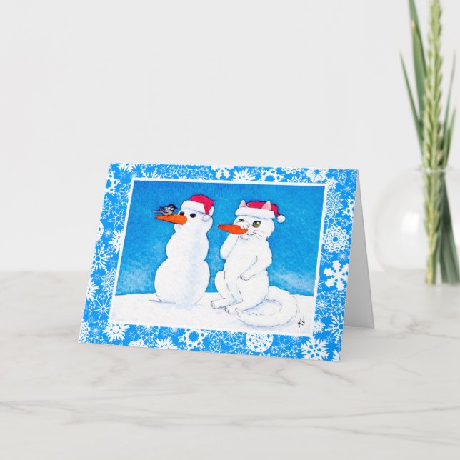 Funny holiday cat, bird,  snowman card (Front)