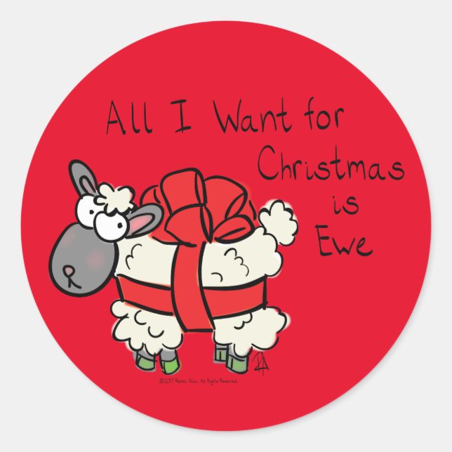 Funny Holiday Cute Sheep Christmas Cartoon Classic Round Sticker (Front)