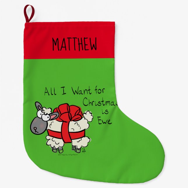 Funny Holiday Cute Sheep Christmas Cartoon Large Christmas Stocking (Front)