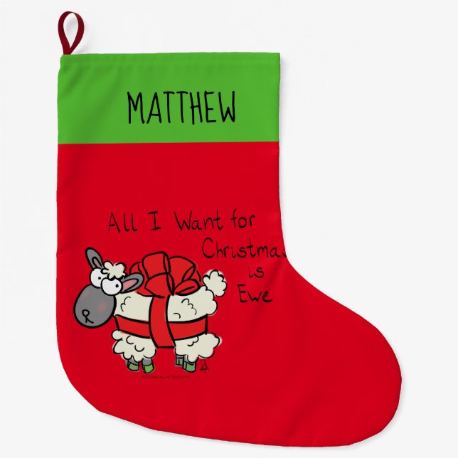 Funny Holiday Cute Sheep Christmas Cartoon Large Christmas Stocking (Front)