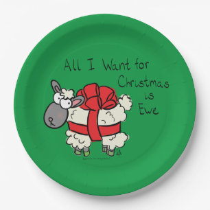 Funny Holiday Cute Sheep Christmas Cartoon Paper Plate