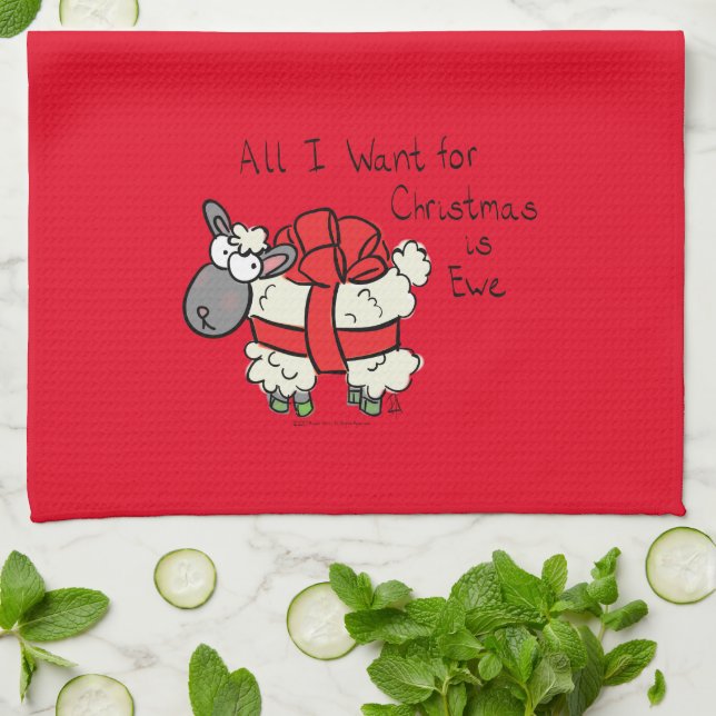 Funny Holiday Cute Sheep Christmas Cartoon Tea Towel (Folded)