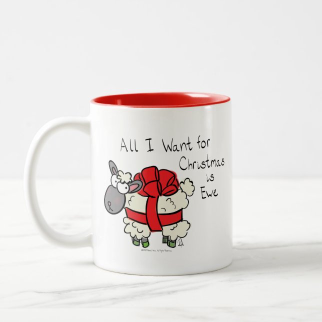 Funny Holiday Cute Sheep Christmas Cartoon Two-Tone Coffee Mug (Left)