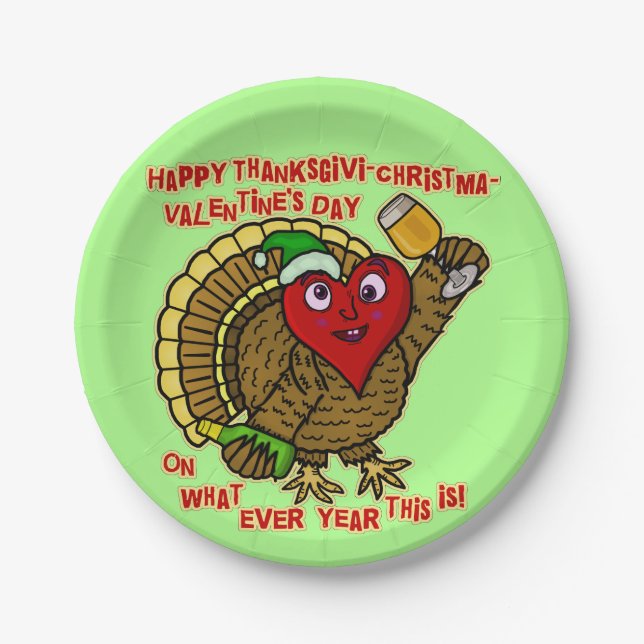 Funny Holiday Drunk Turkey Heart Paper Plate (Front)