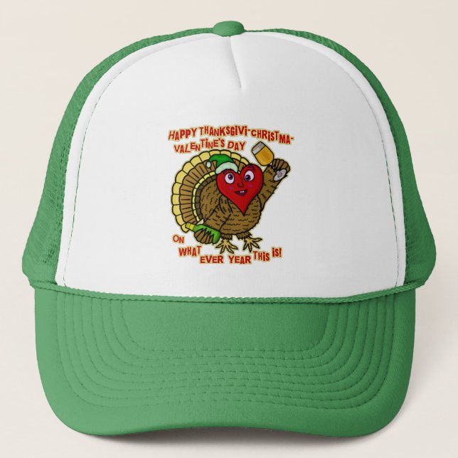Funny Holiday Drunk Turkey Heart Trucker Hat (Front)