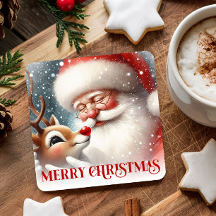Funny Holiday Paper Coasters Santa and Rudolph
