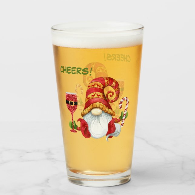 Funny Holiday Party Gnome Cheers Glass (Front Filled)