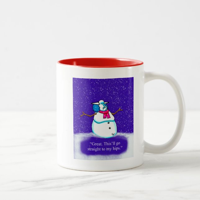 Funny Holiday Snow Woman Cartoon Two-Tone Coffee Mug (Right)
