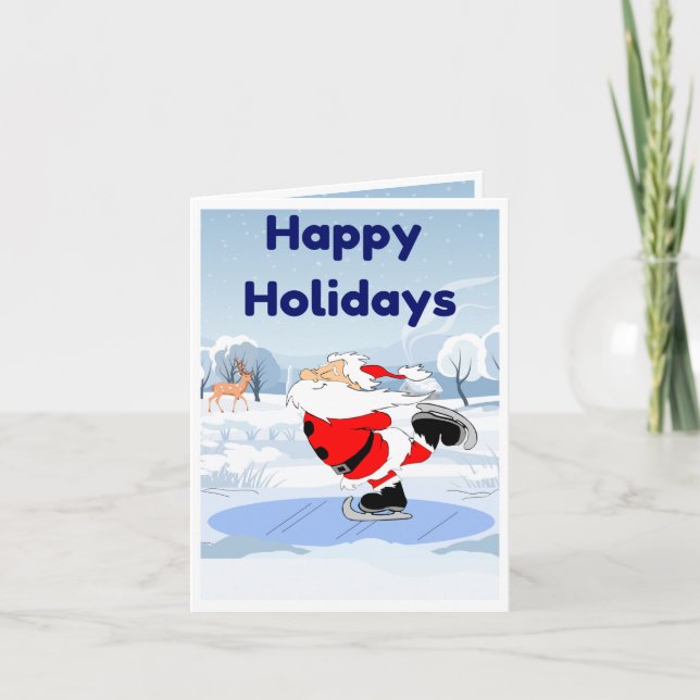 Funny Holidays Card, Santa Skating, Humour Greetin Holiday Card (Front)