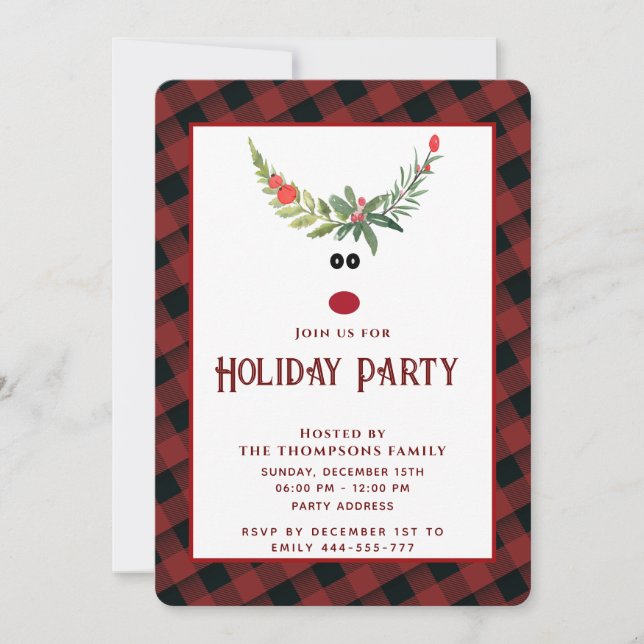 Funny holly reindeer holiday party corporate invit invitation (Front)