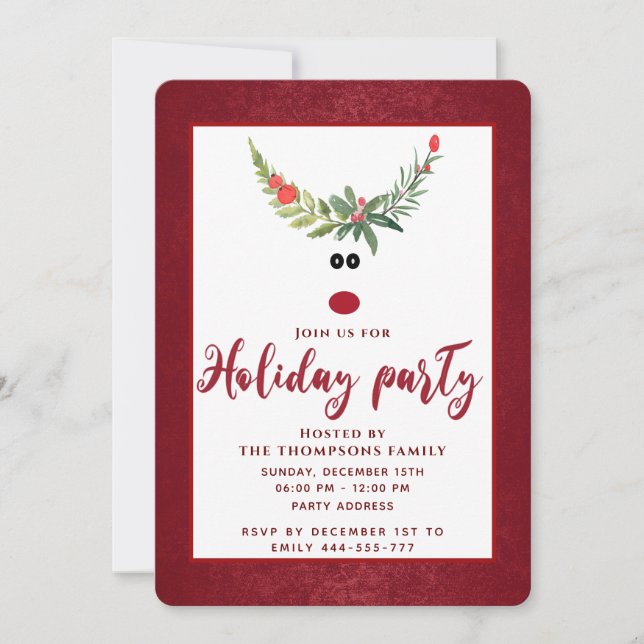 Funny holly reindeer holiday party corporate invit invitation (Front)