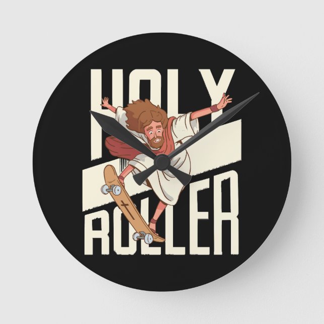 Funny Holy Roller Skateboarding Jesus Round Clock (Front)