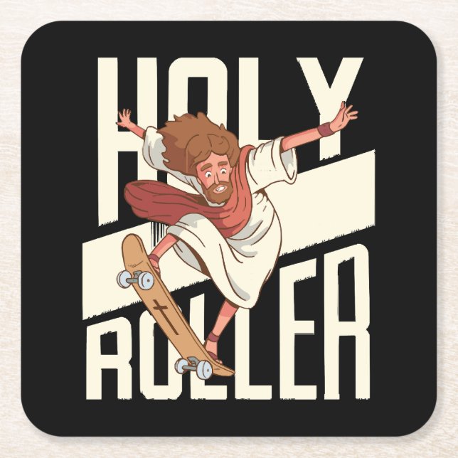 Funny Holy Roller Skateboarding Jesus Square Paper Coaster (Front)