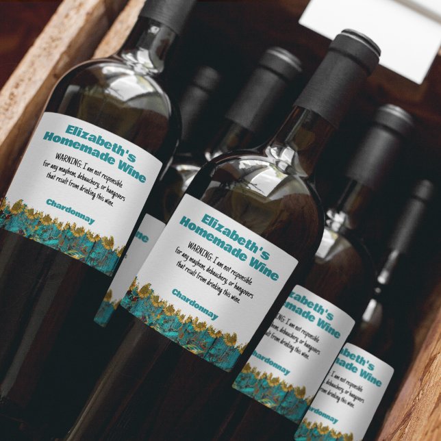 Funny Homemade Wine Warning Custom Sunflower Teal Wine Label (Funny Label - Warning: I am not responsible for any mayhem, debauchery, or hangovers that result fro)