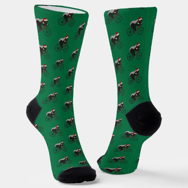 Funny Honey Badger Santa Cyclist Green Christmas Socks (Angled)