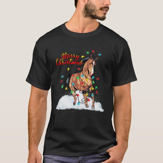 Funny Horse Christmas Lights Pyjamas Horse Santa H T-Shirt (Front)