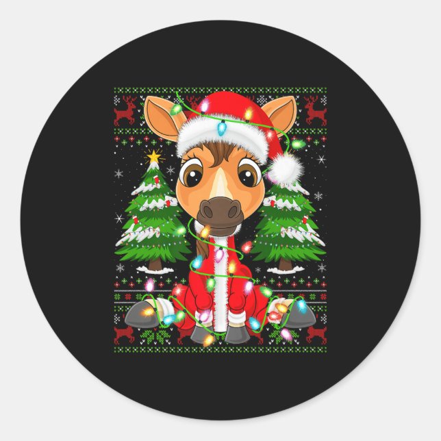 Funny Horse Christmas Lights Santa Costume Ugly Xm Classic Round Sticker (Front)