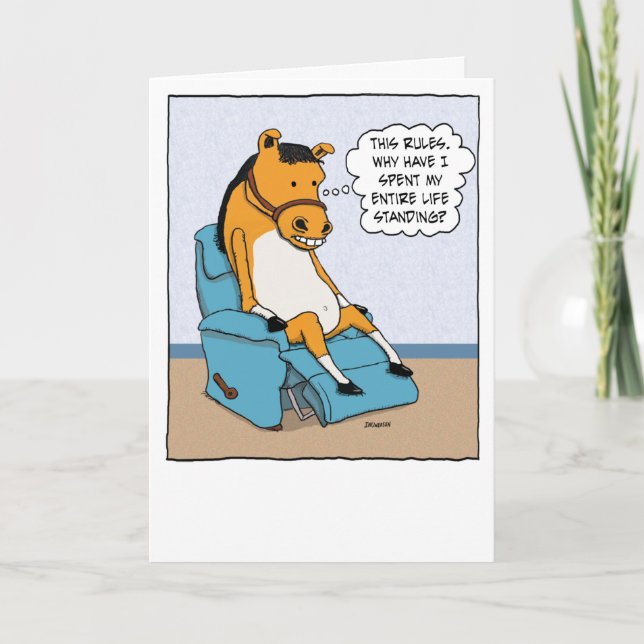Funny Horse Discovers Sitting in Chair Birthday Card (Front)