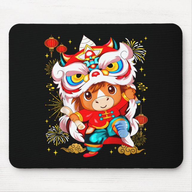 Funny Horse Lion Dance Chinese New Year Kid Men  Mouse Mat (Front)