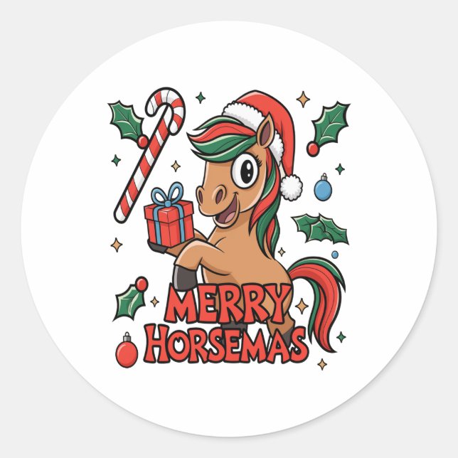 Funny Horse Merry Horsemas Classic Round Sticker (Front)