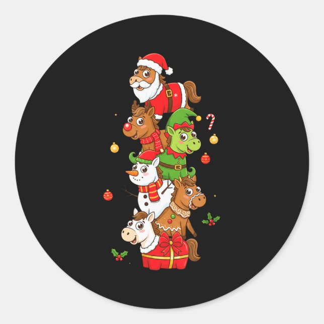 Funny Horse Santa Elf Snowman Christmas Womens Men Classic Round Sticker (Front)