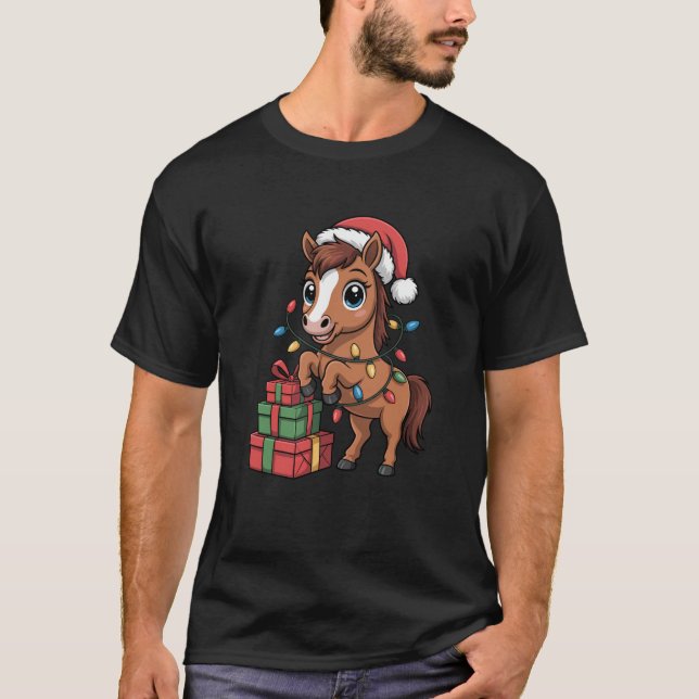 Funny Horse Santa Hat Animals Lovers Ugly Christma T-Shirt (Front)