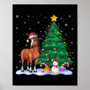 Funny Horse Xmas Tree Lights Reindeer Hat Christma Poster