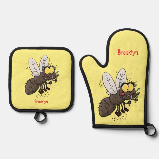 Funny horsefly insect cartoon oven mitt & pot holder set (Front)