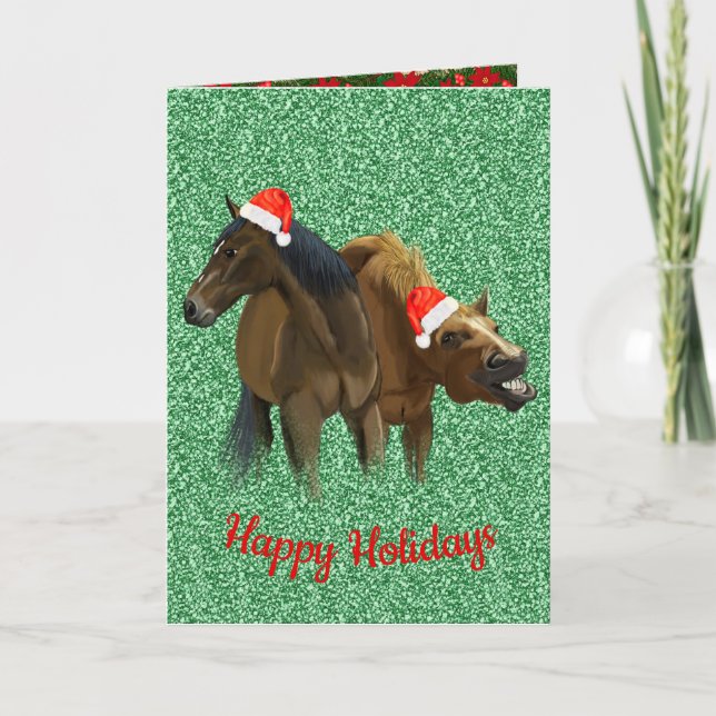 Funny horses wearing Christmas Santa hat Holiday Card (Front)