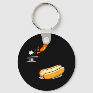 Funny hot dog diving into bun cartoon food humour key ring