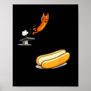 Funny hot dog diving into bun cartoon food humour poster