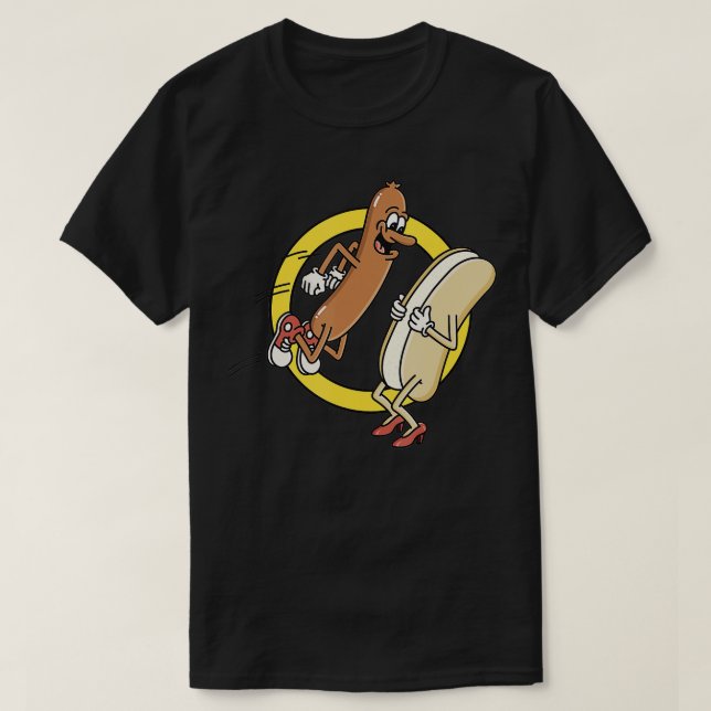 Funny Hot Dog Jumping Into A Bun  T-Shirt (Design Front)