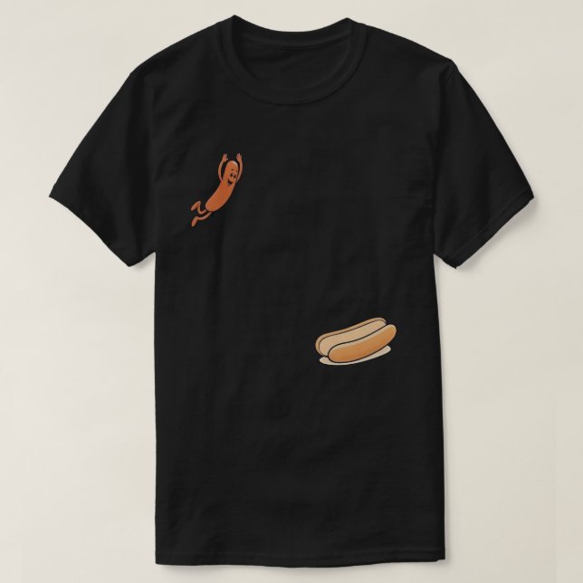 Funny Hot Dog Jumping Into Bun – Cute Sausage Cart T-Shirt (Design Front)